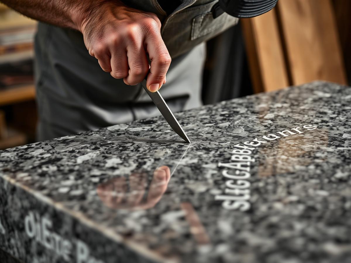 Craftsman hand-lettering a granite slab