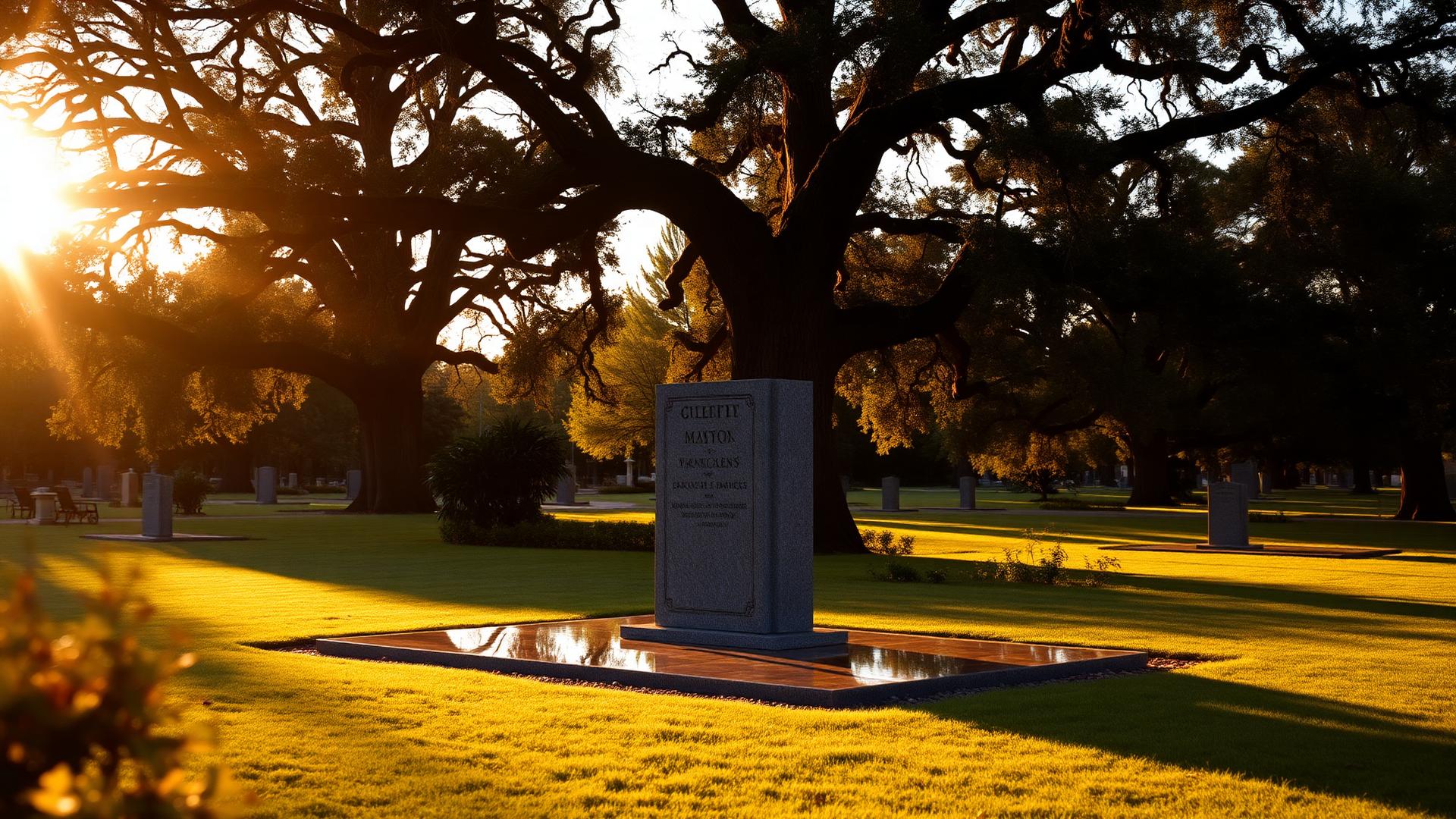 Upright granite monument at golden hour beneath oak trees